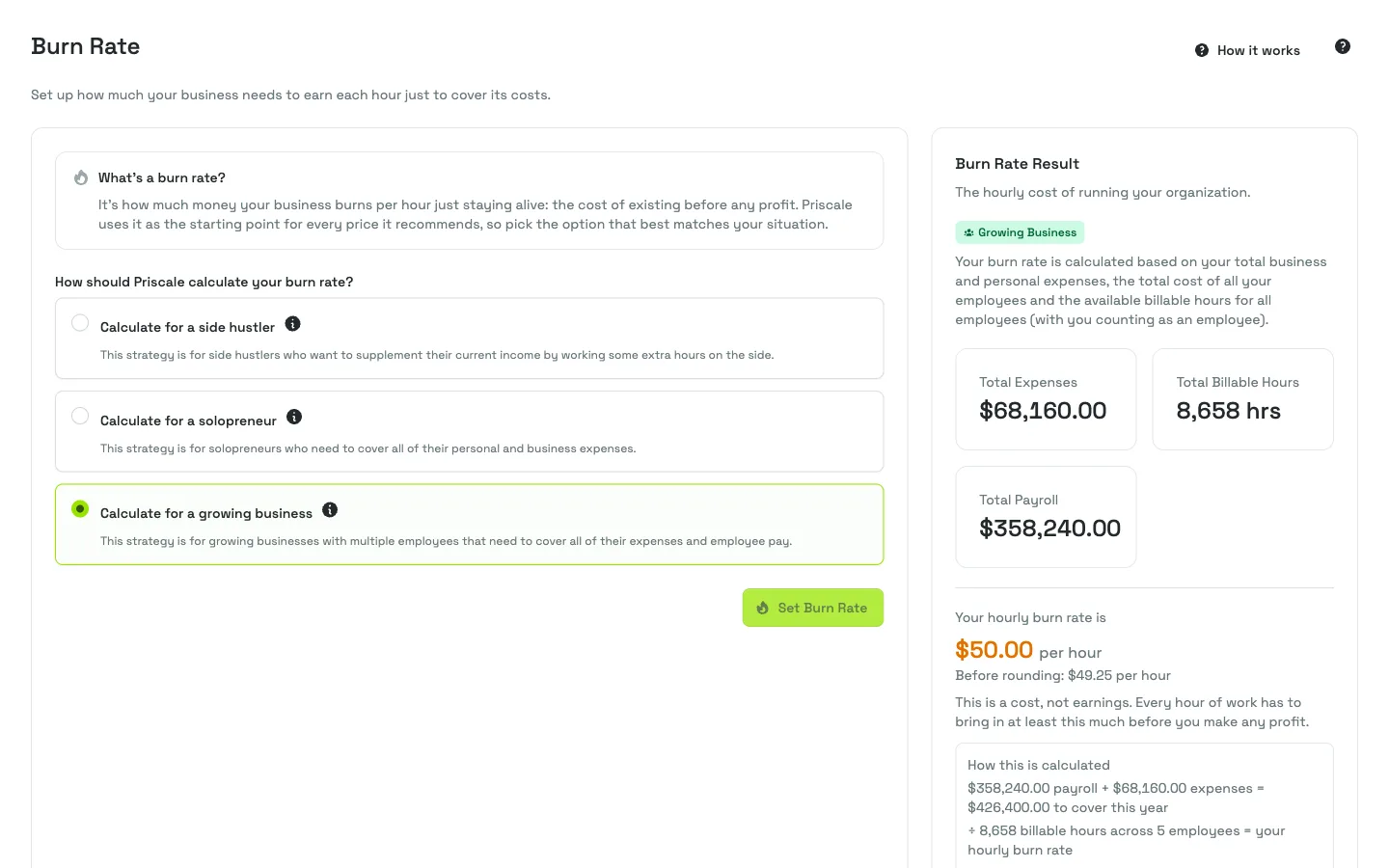The Priscale burn rate calculator turning expenses and billable hours into an hourly cost