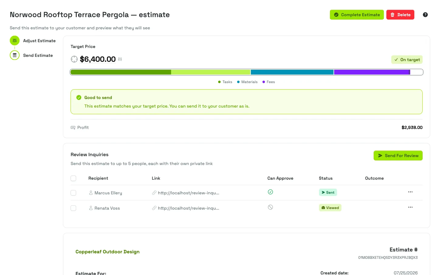 A Priscale estimate headed with your business name, ready to send to the customer for online approval
