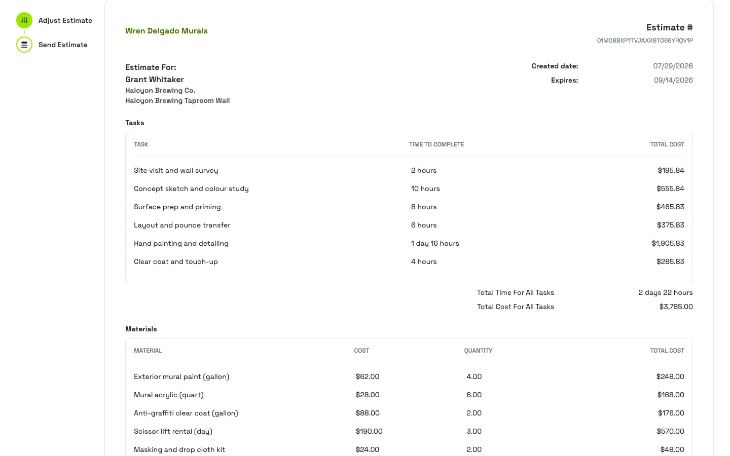 A mural commission estimate itemizing studio time, materials and fees line by line