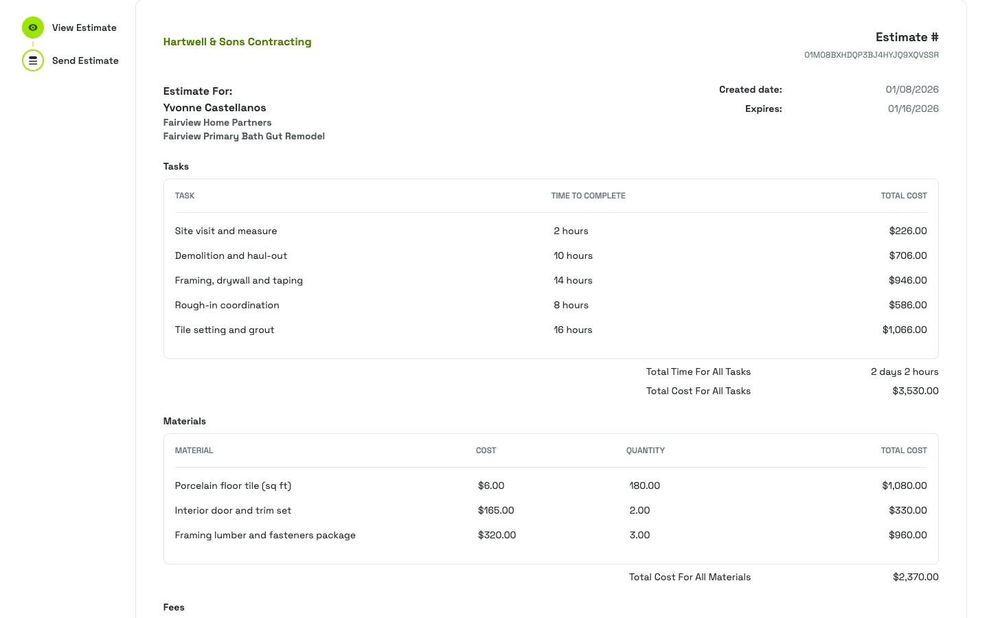 A bath remodel estimate broken into tasks with hours and materials with quantities, every line priced