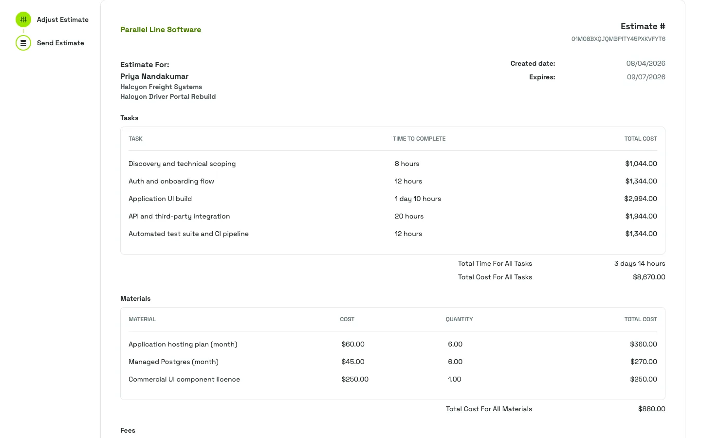 A fixed-bid estimate for a portal rebuild, its scope written as priced line items from discovery to CI pipeline