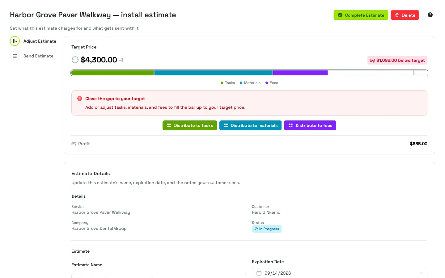 A walkway estimate sitting below its target price, ready to distribute the gap across tasks, materials or fees